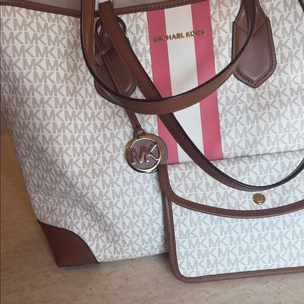 Michael Kors Cream Signature Tote with Pink & White Stripe